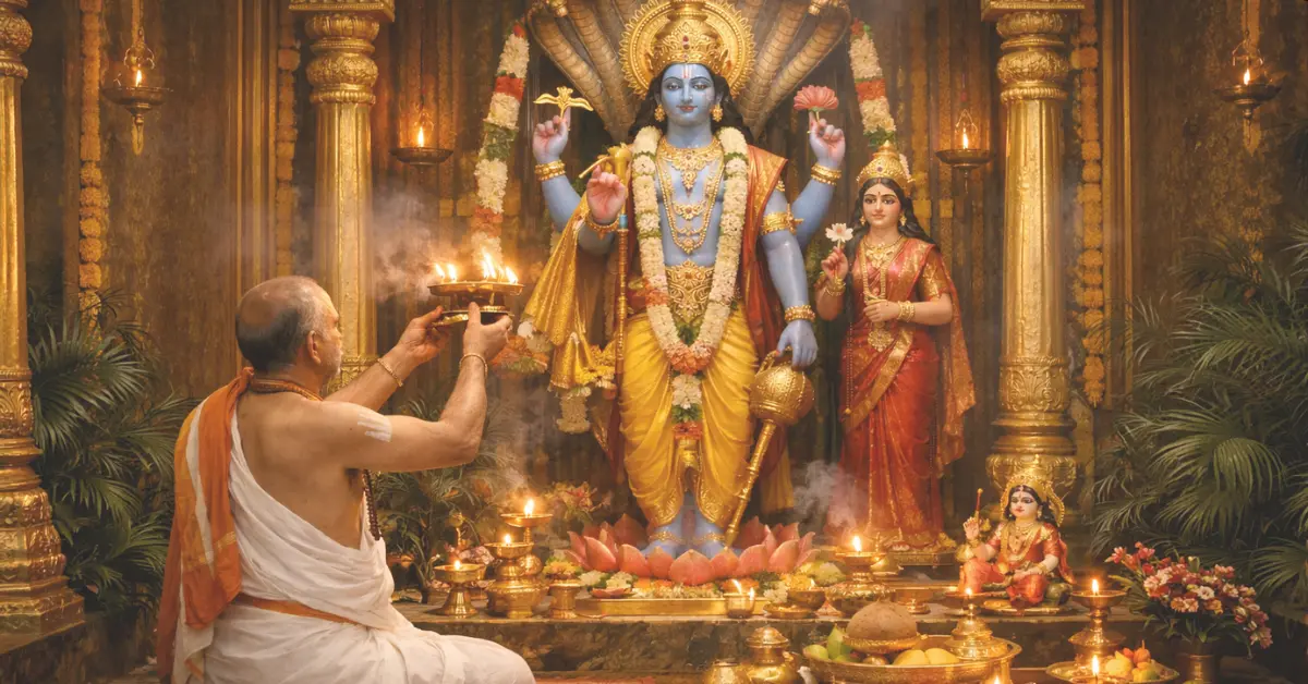 पौष पुत्रदा एकादशी 2025 पर भगवान विष्णु और माता लक्ष्मी की पूजा करते श्रद्धालु, व्रत और पारण से जुड़ा पावन दृश्य।